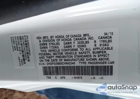 2012 Honda Civic Ex из США, поврежденный, VIN 2HGFG3B88CH542345